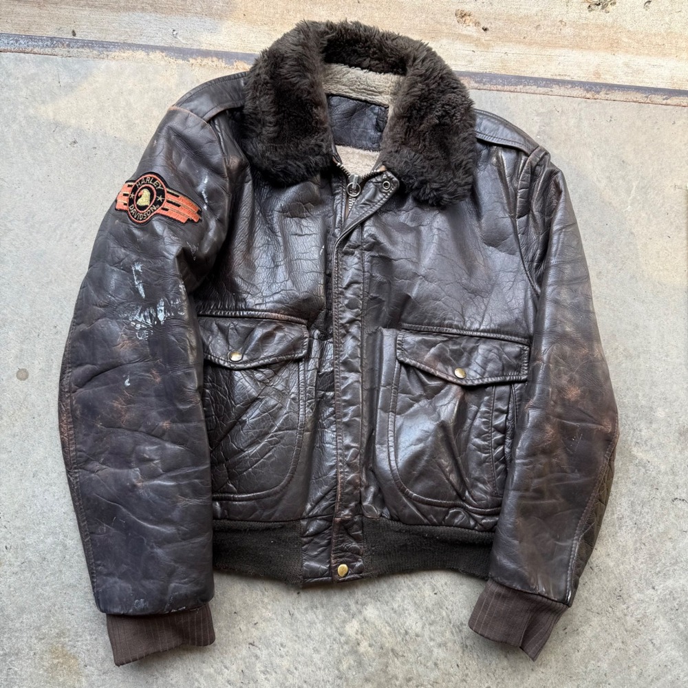 Vintage 70s Harley Davidson Leather Flight Bomber Jacket Sherpa Lined 44 Med